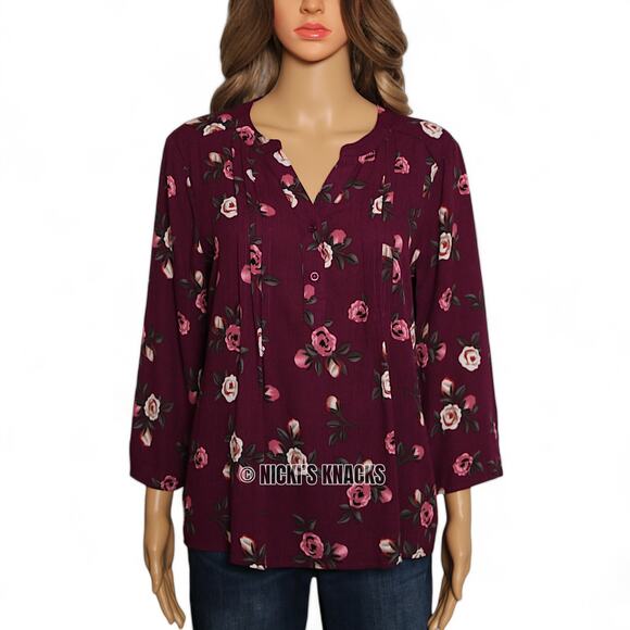 Stitch Fix Burgundy Floral Blouse Split Neck 3/4 Sleeve Pleated Fall Top Size S - Picture 2 of 9